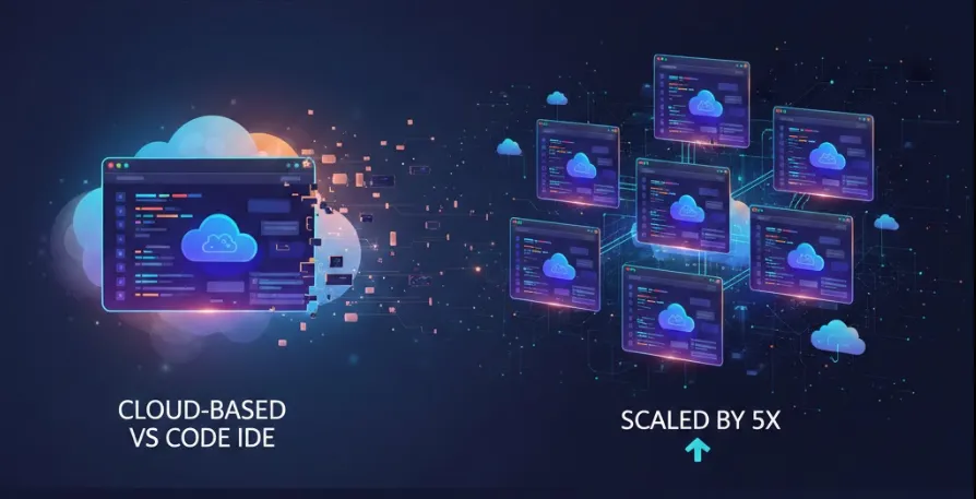 One cloud IDE window on the left, labeled cloud-based VS Code IDE, breaking apart into a grid of eight identical windows on the right, labeled scaled by 5x.
